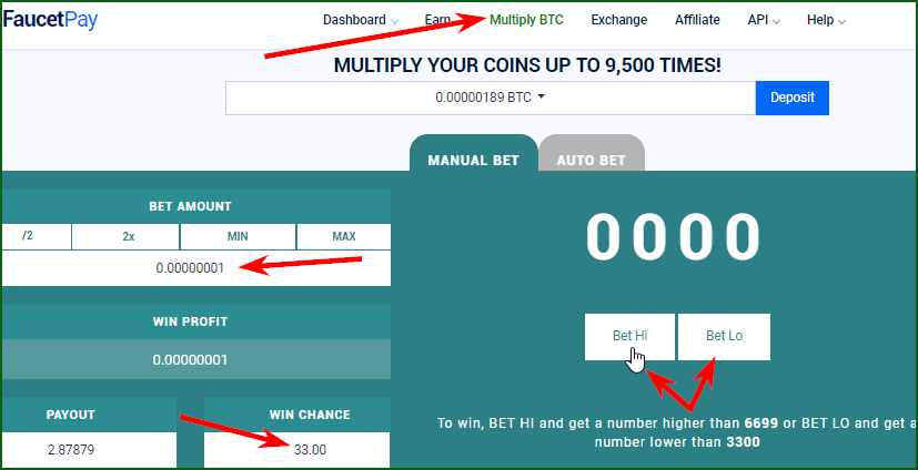 азартная игра Multiply BTC на FaucetPay