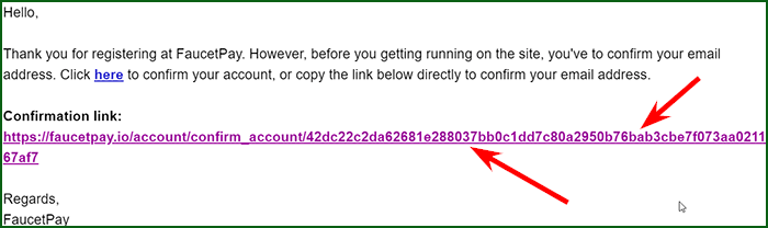 ссылка для подтверждения регистрации в FaucetPay