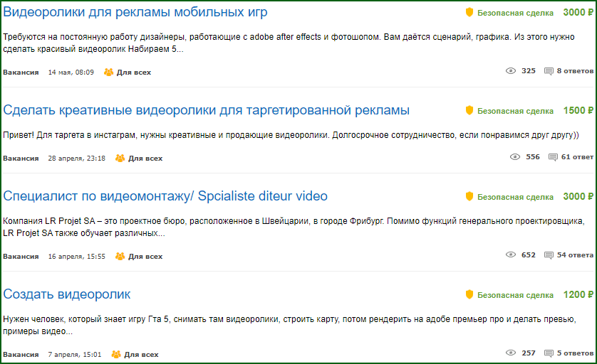 вакансии по созданию видеороликов и видеомонтажу на бирже фриланса Fl ru