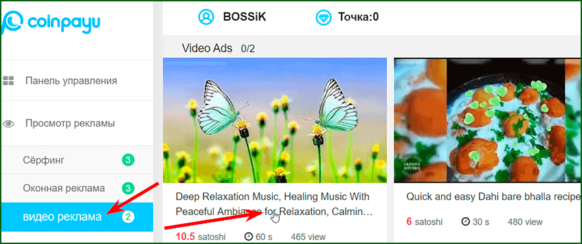 просмотр видео за биткоины на CoinPayU шаг 1