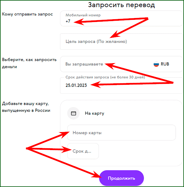 запрос перевода на карту через Paysett шаг 2