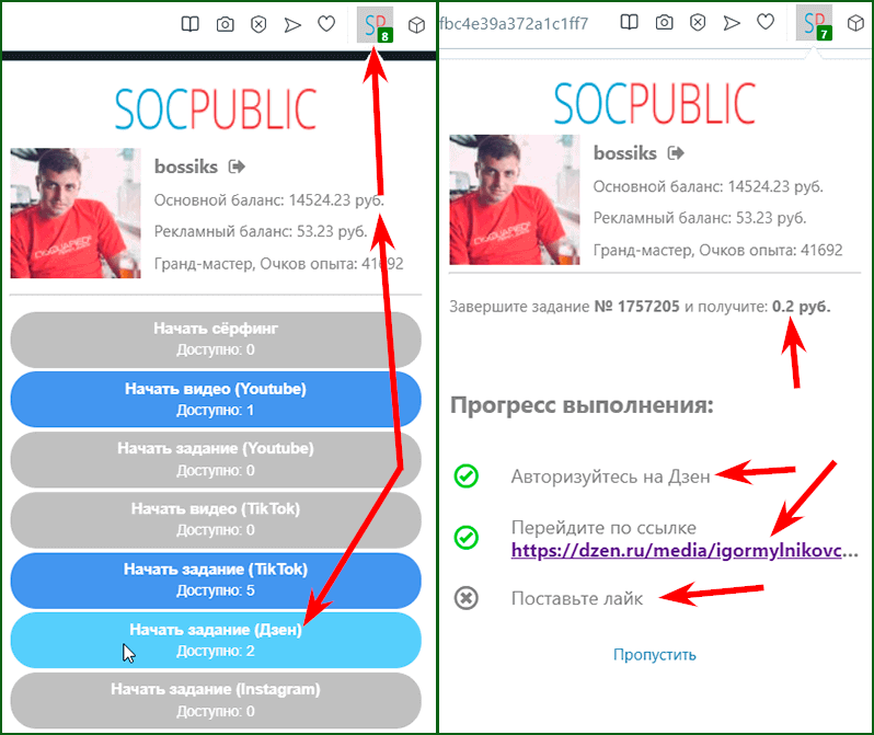 Заработок на проявлении активности в Дзен с помощью браузерного расширения Socpublic
